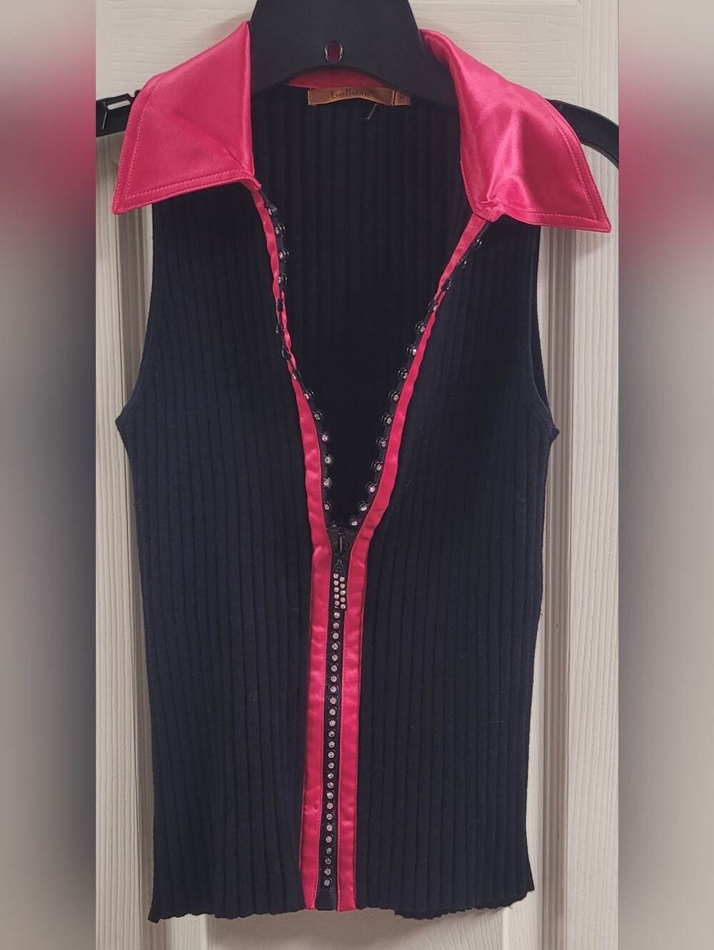 Belldini Black Ribbed Sleeveless V-Neck Sweater with Hot Pink Trim